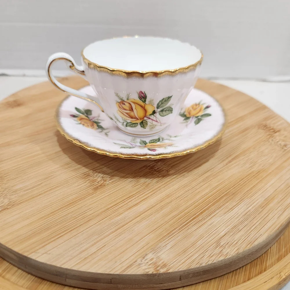 Vintage Paragon Cup Saucer Yellow Rose on White Fine Bone China Gold Rim Edge